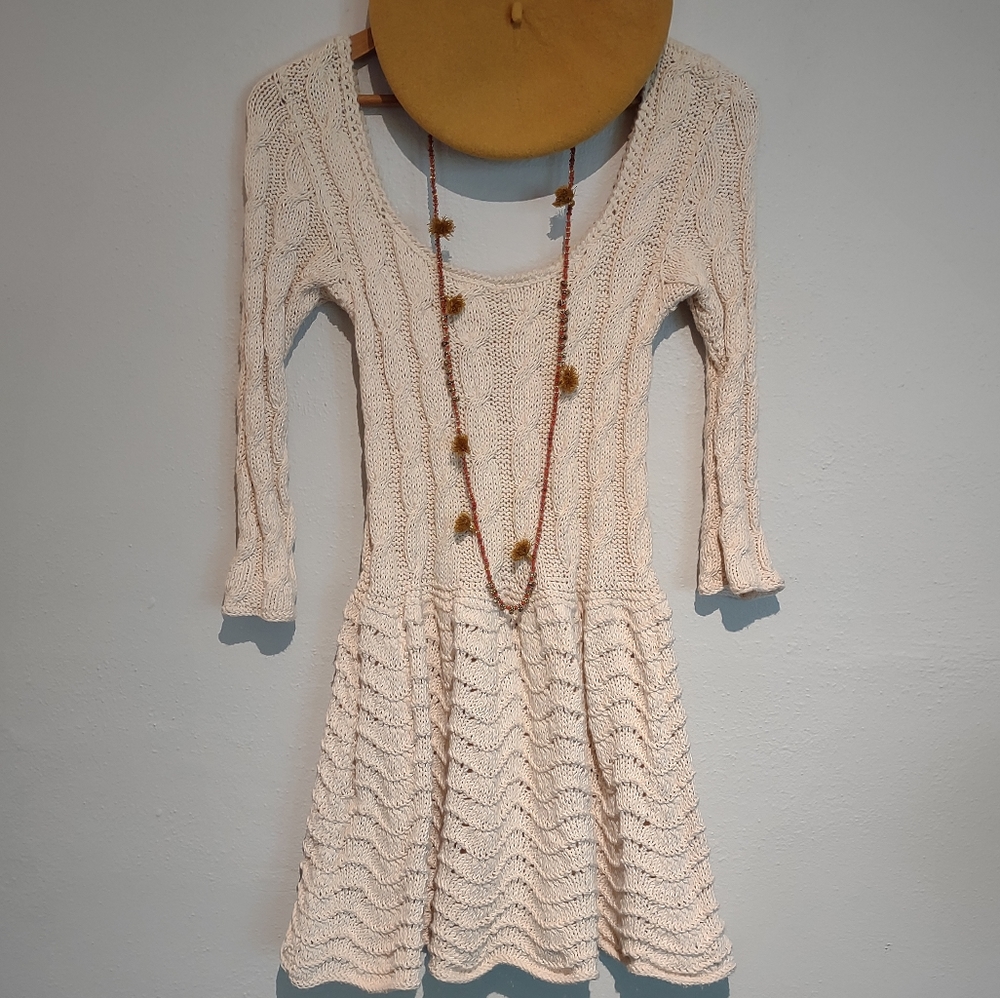 Vintage Boho Hand knitted Midi beige Dress